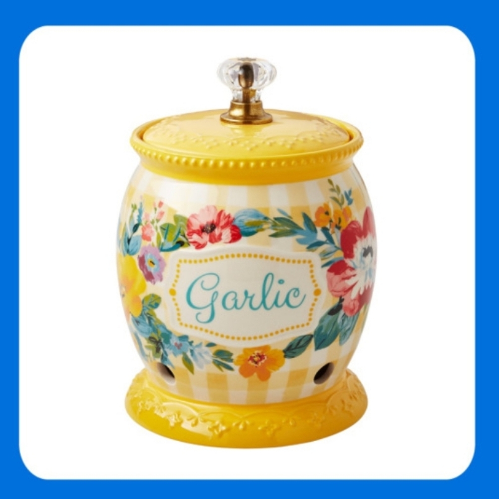 💕 New Pioneer Woman Sweet Romance Yellow Gingham Garlic Keeper